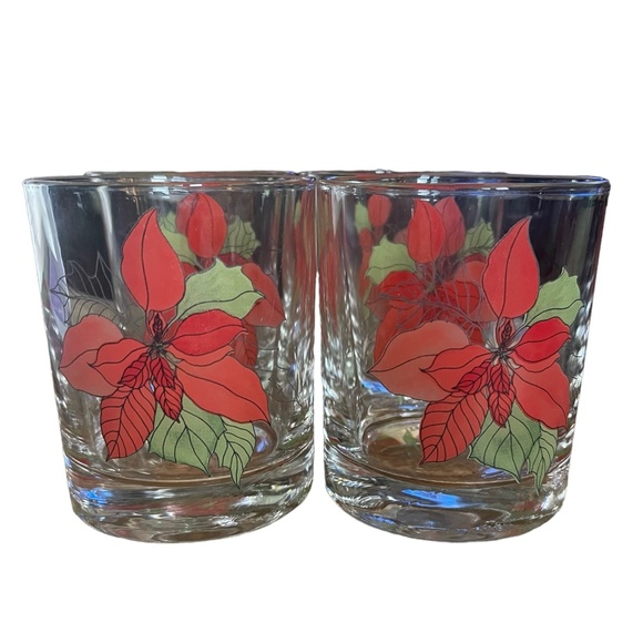Vintage Block Set of 4 Poinsettia Old Fashion Glasses - Holiday Christmas - Picture 1 of 5